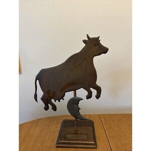 Vintage Metal Cow & Moon Sculpture On Wooden Pedestal Figurine
